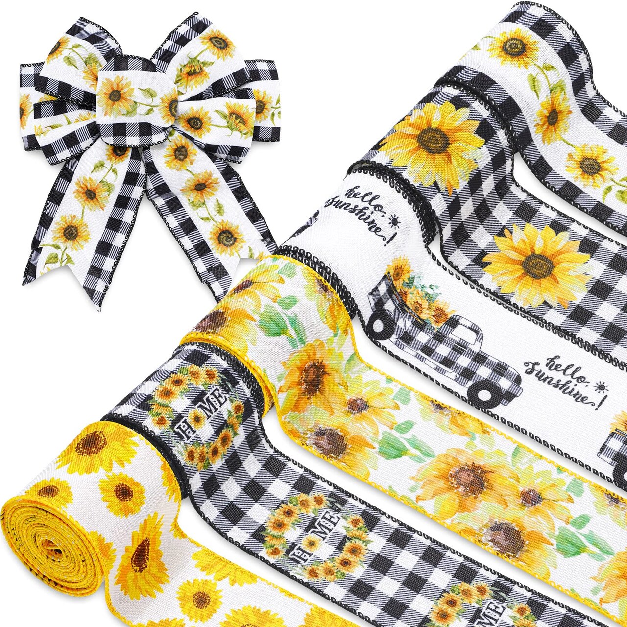36 Yard Sunflower Wired Edge Ribbon 6 Roll 2.5 Inch Buffalo Plaids Flower Fabric Ribbon Spring Summer Floral Decorative Craft Ribbon for Gift Wrapping Decor Hair Bow Sewing Wreath Crafts